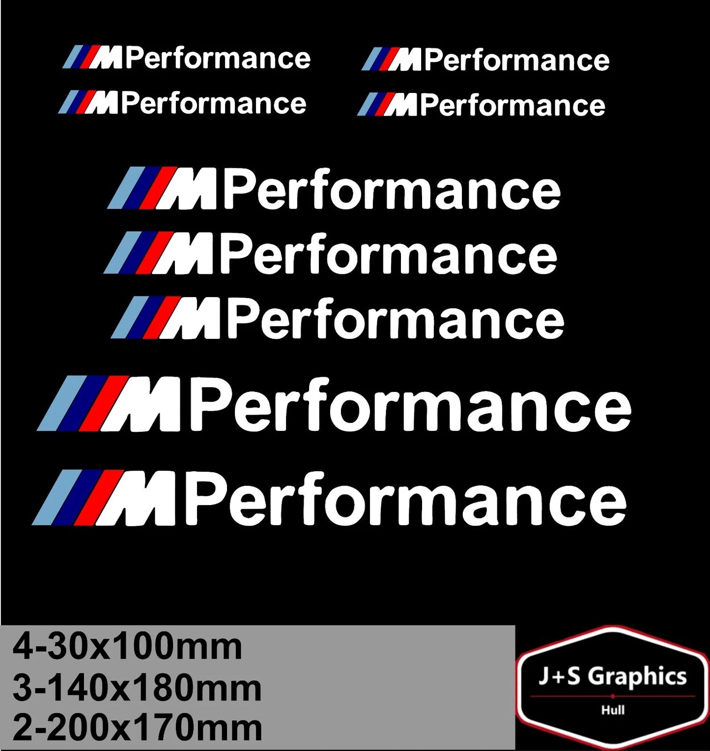 M Performance Sticker BMW M Sport Vinyl Set of 8 White 100mm, 150mm & 200mm