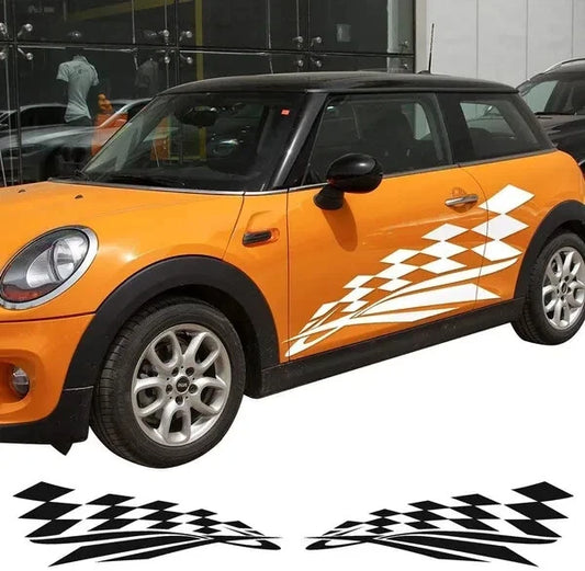 MINI COOPER S SIDE SKIRT CHECKERED FLAG STRIPES VINYL DECALS STICKERS CHEQUERED