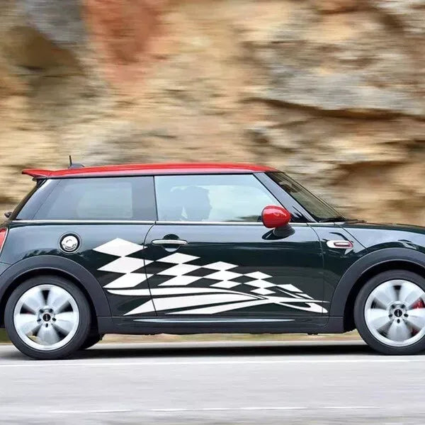 MINI COOPER S SIDE SKIRT CHECKERED FLAG STRIPES VINYL DECALS STICKERS CHEQUERED
